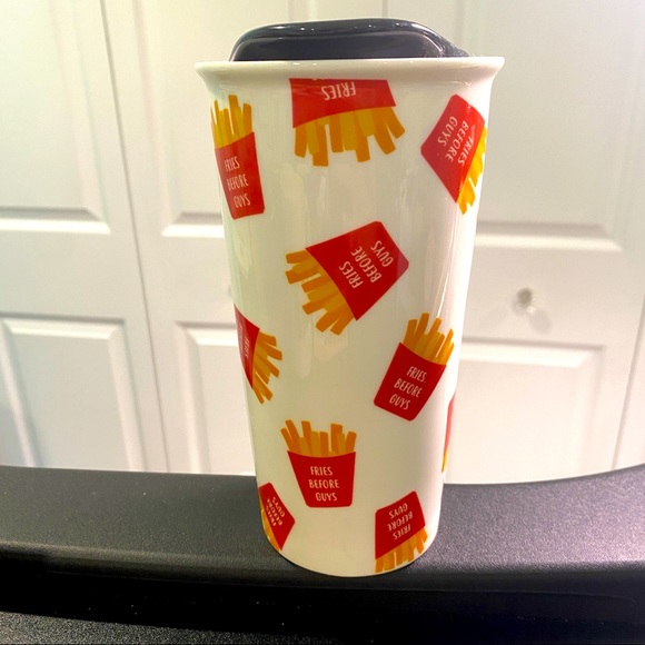 "Fries Before Guys" Travel Mug Porcelain BFF Tumbler Cup with Lid - Picture 2 of 10